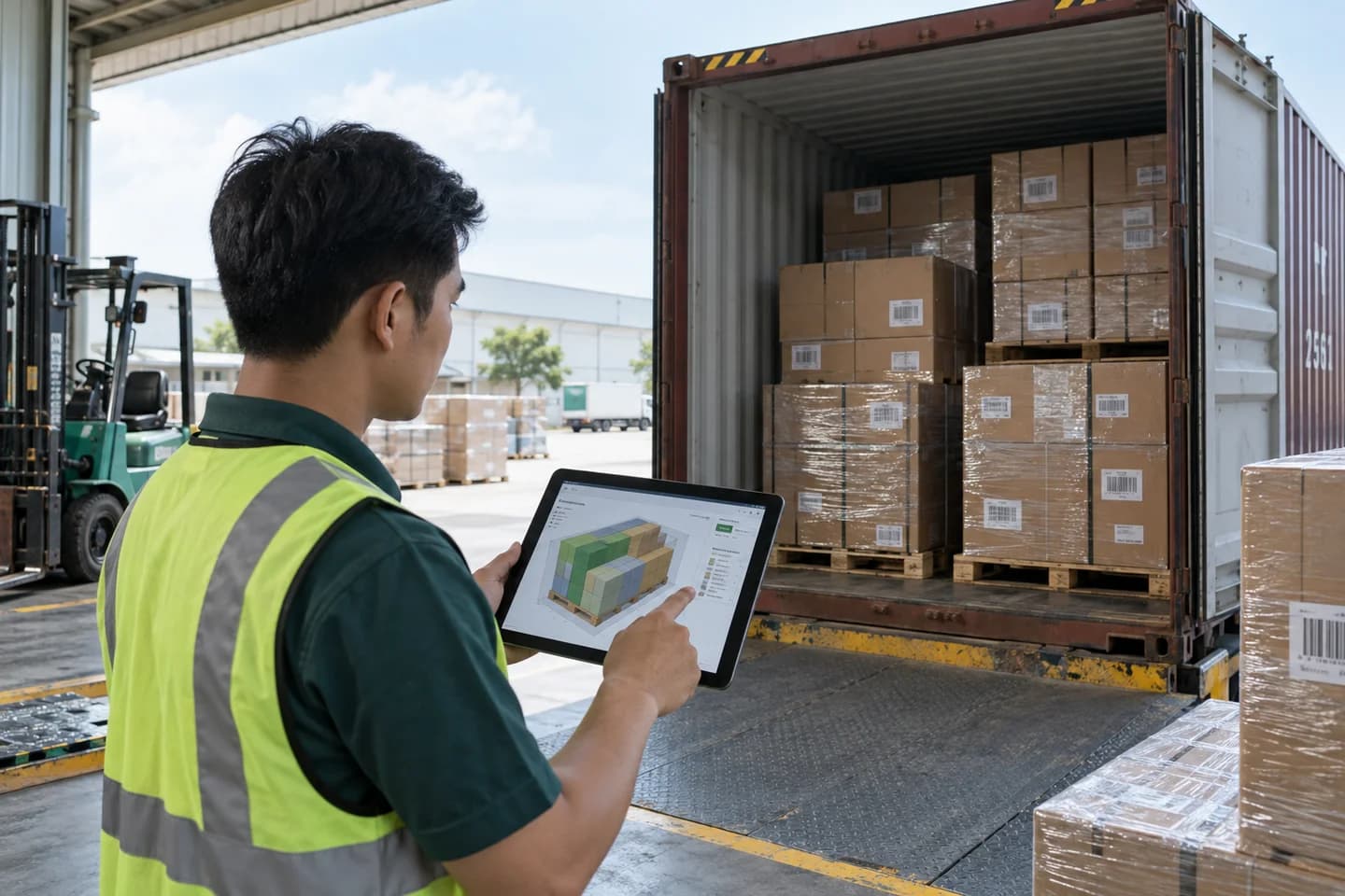ผู้วางแผนตรวจแผนจัดเรียง Cargo บนแท็บเล็ตเทียบกับพาเลตในตู้สินค้า